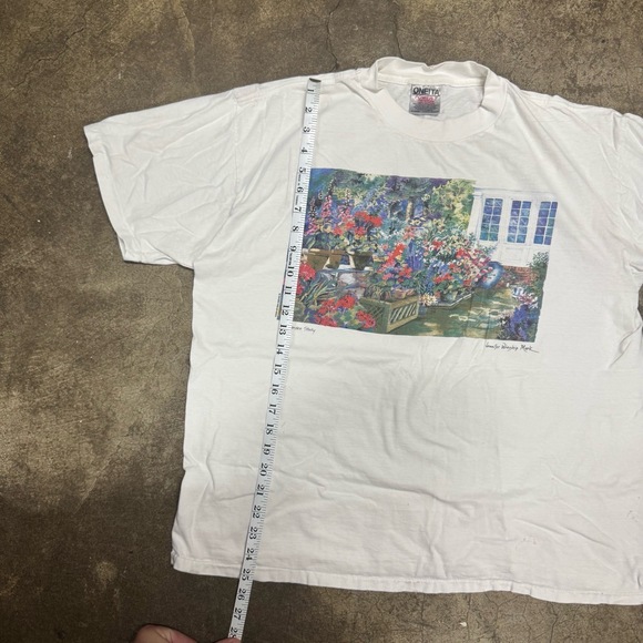 ONEITA POWER-T Mens XL White Graphic T-Shirt Vintage A Garden Story Floral Art 9 - Picture 6 of 7